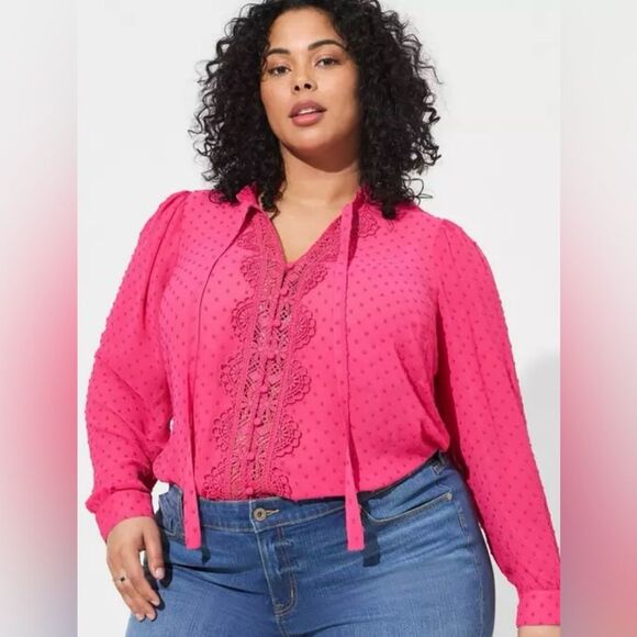torrid Tops - Torrid Pink Sheer Chiffon Clip Dot Ruffle Neck Tie Front Blouse